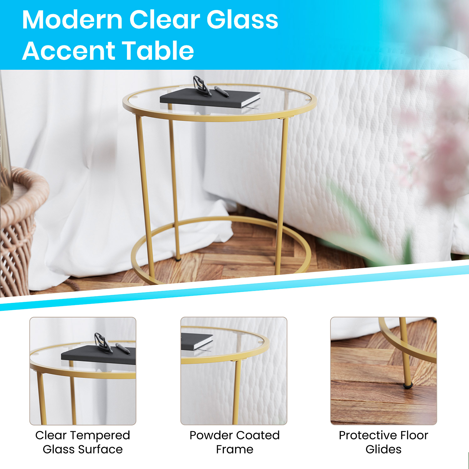 BLNK Astoria Collection Round Modern Clear Glass End Table - Gold