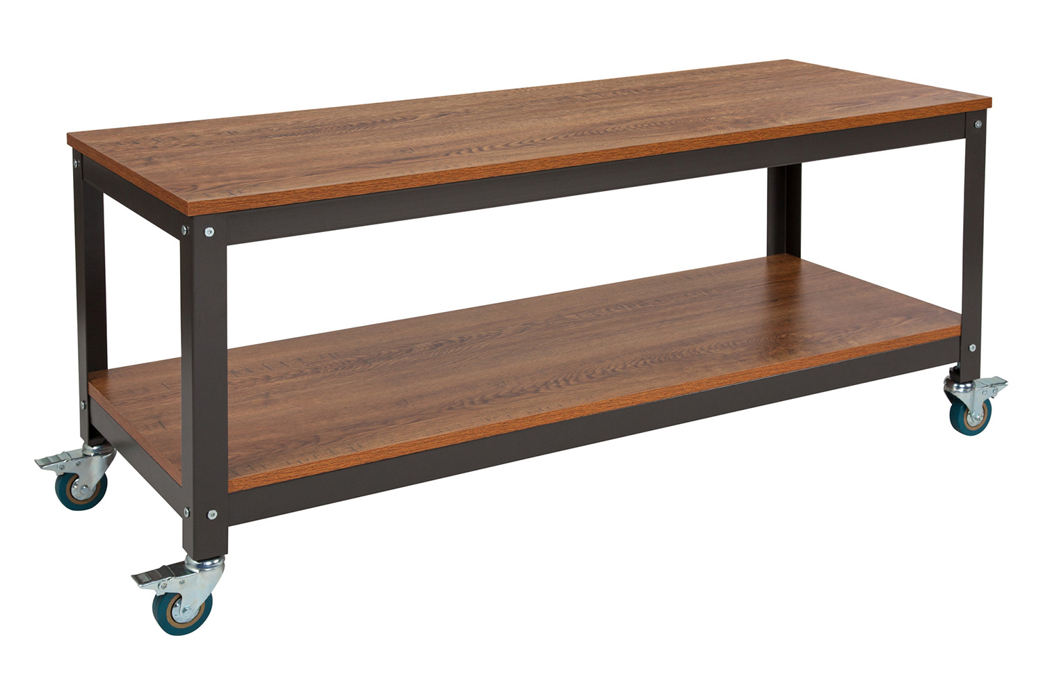 BLNK - Livingston Collection TV Stand in Brown Oak Wood Grain Finish with Metal Wheels