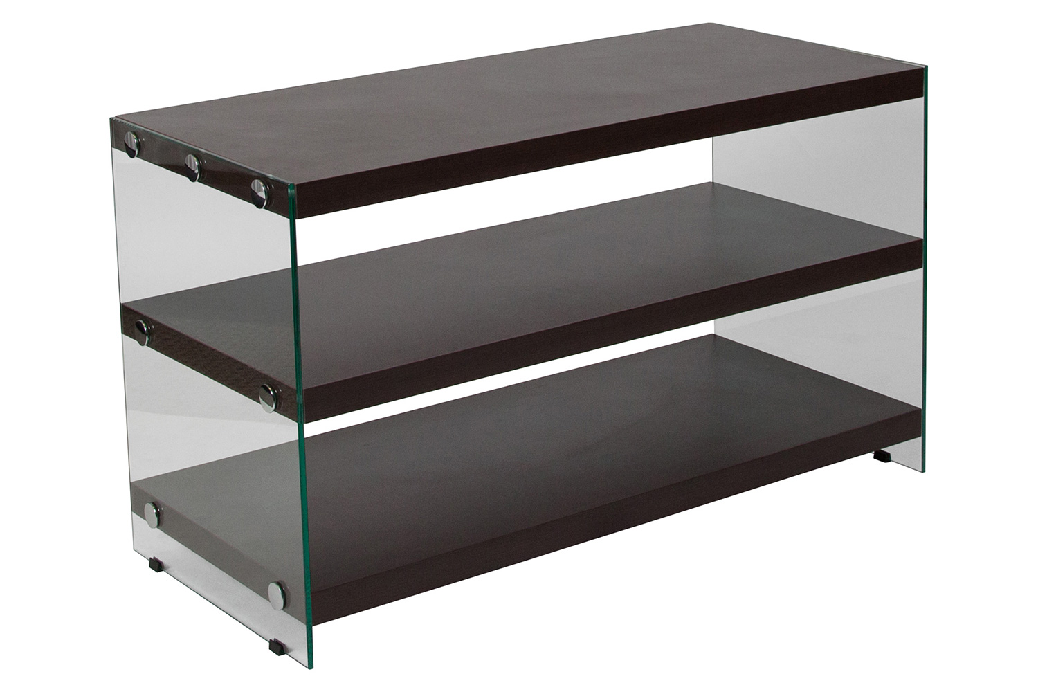 BLNK - Wynwood Collection Dark Ash Wood Grain Finish TV Stand with Shelves and Glass Frame