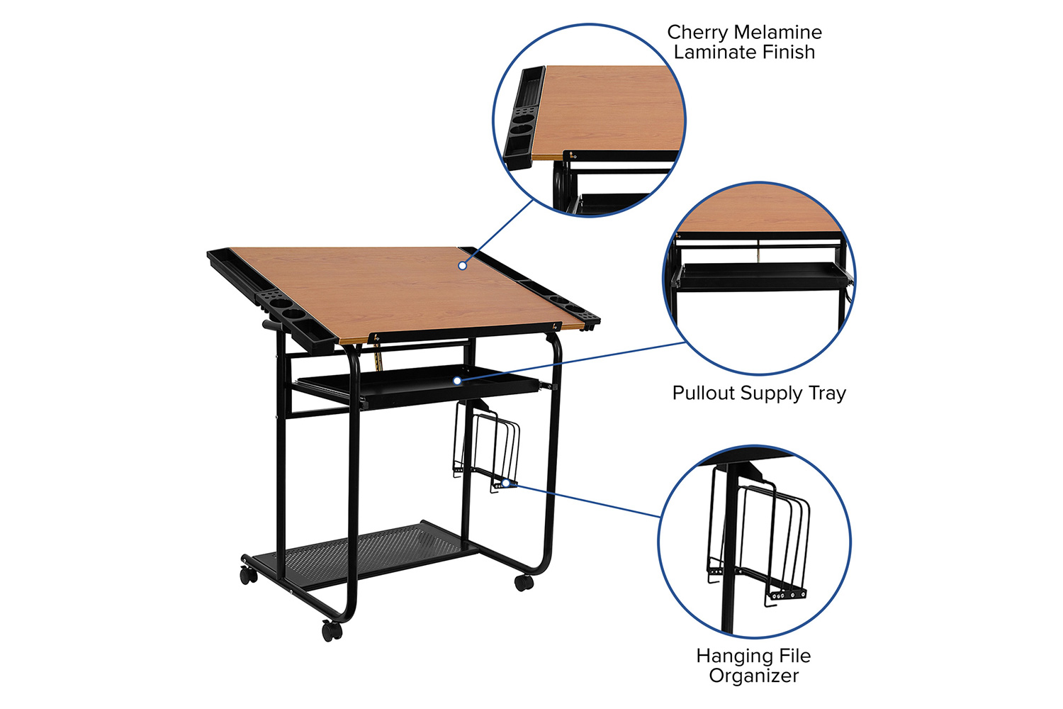 BLNK - Swanson Adjustable Drawing and Drafting Table with Black Frame and Dual Wheel Casters