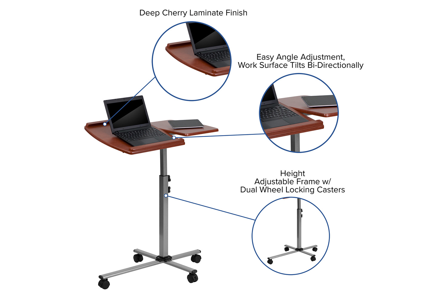 BLNK - Dunbar Angle and Height Adjustable Mobile Laptop Computer Table with Cherry Top