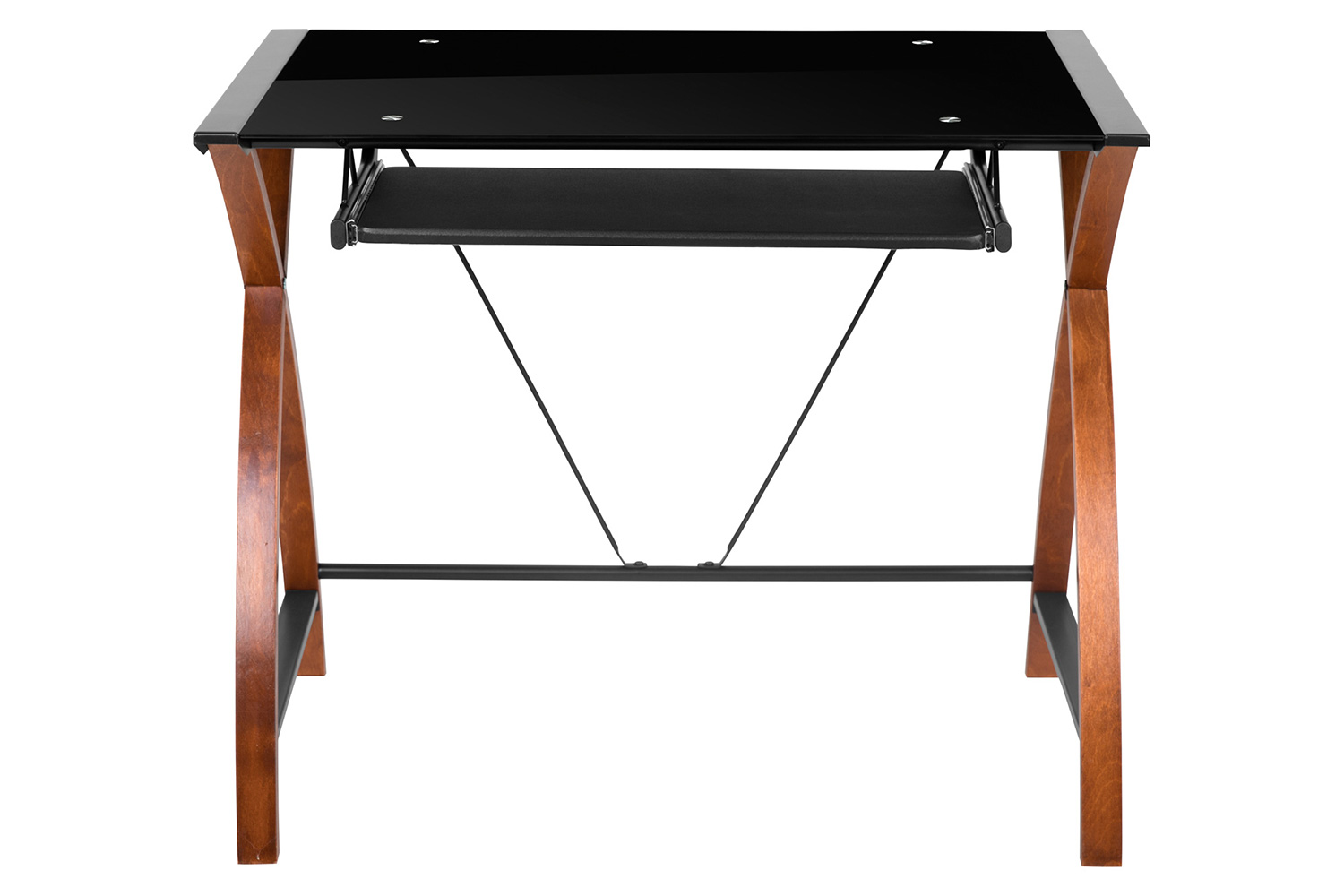 BLNK Jude Glass Computer Desk with Pull-Out Keyboard Tray and Crisscross Frame - Black/Black