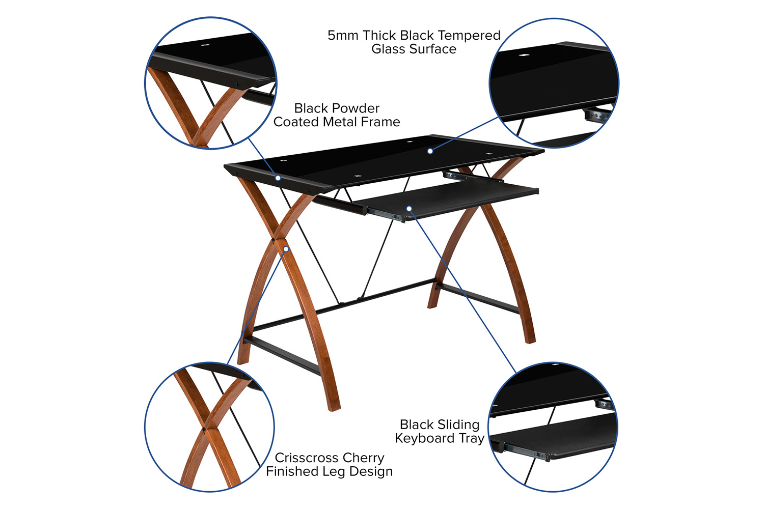 BLNK Jude Glass Computer Desk with Pull-Out Keyboard Tray and Crisscross Frame - Black/Black