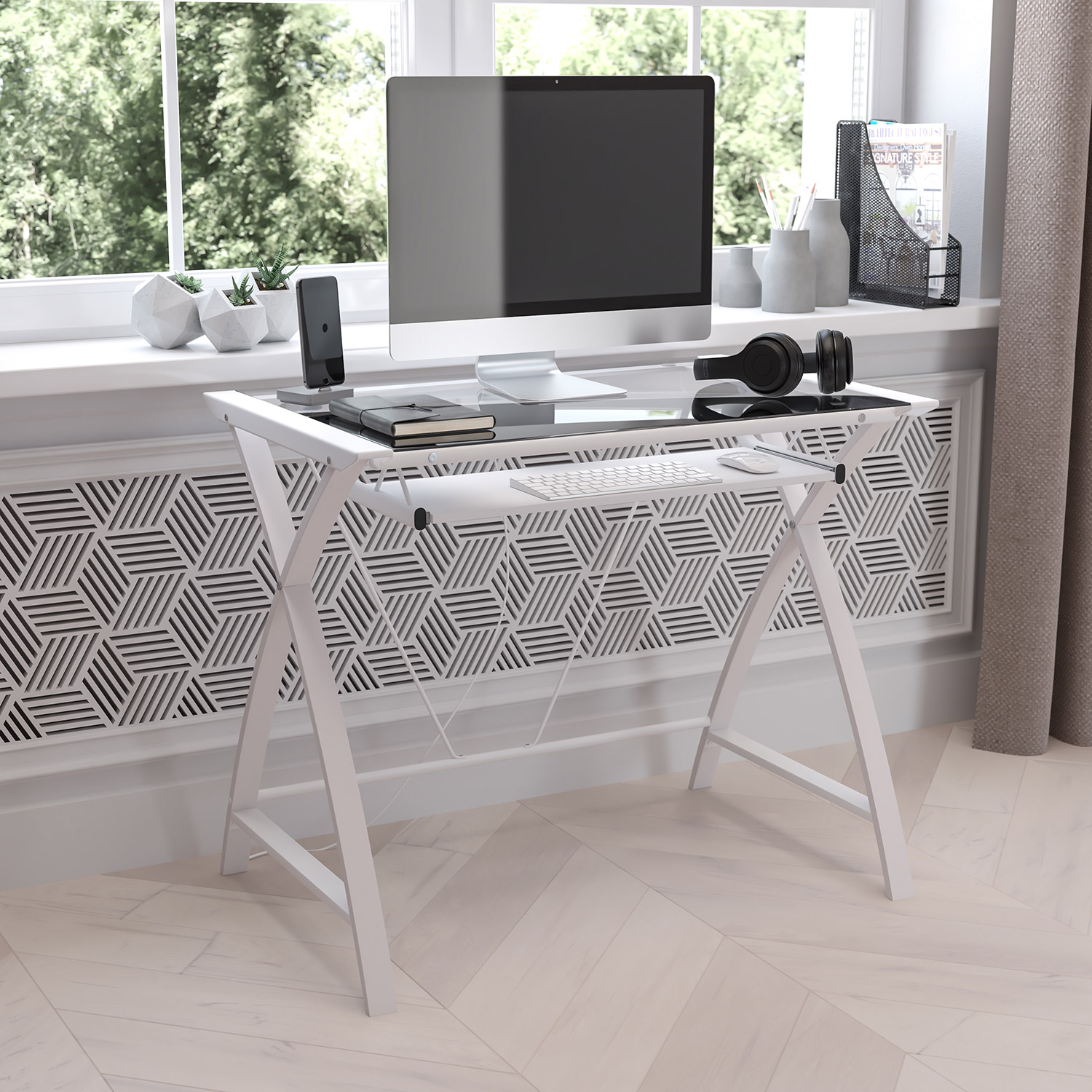 BLNK Jude Glass Computer Desk with Pull-Out Keyboard Tray and Crisscross Frame