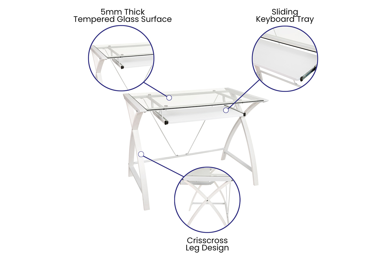 BLNK™ Jude Glass Computer Desk with Pull-Out Keyboard Tray and Crisscross Frame - Clear/White