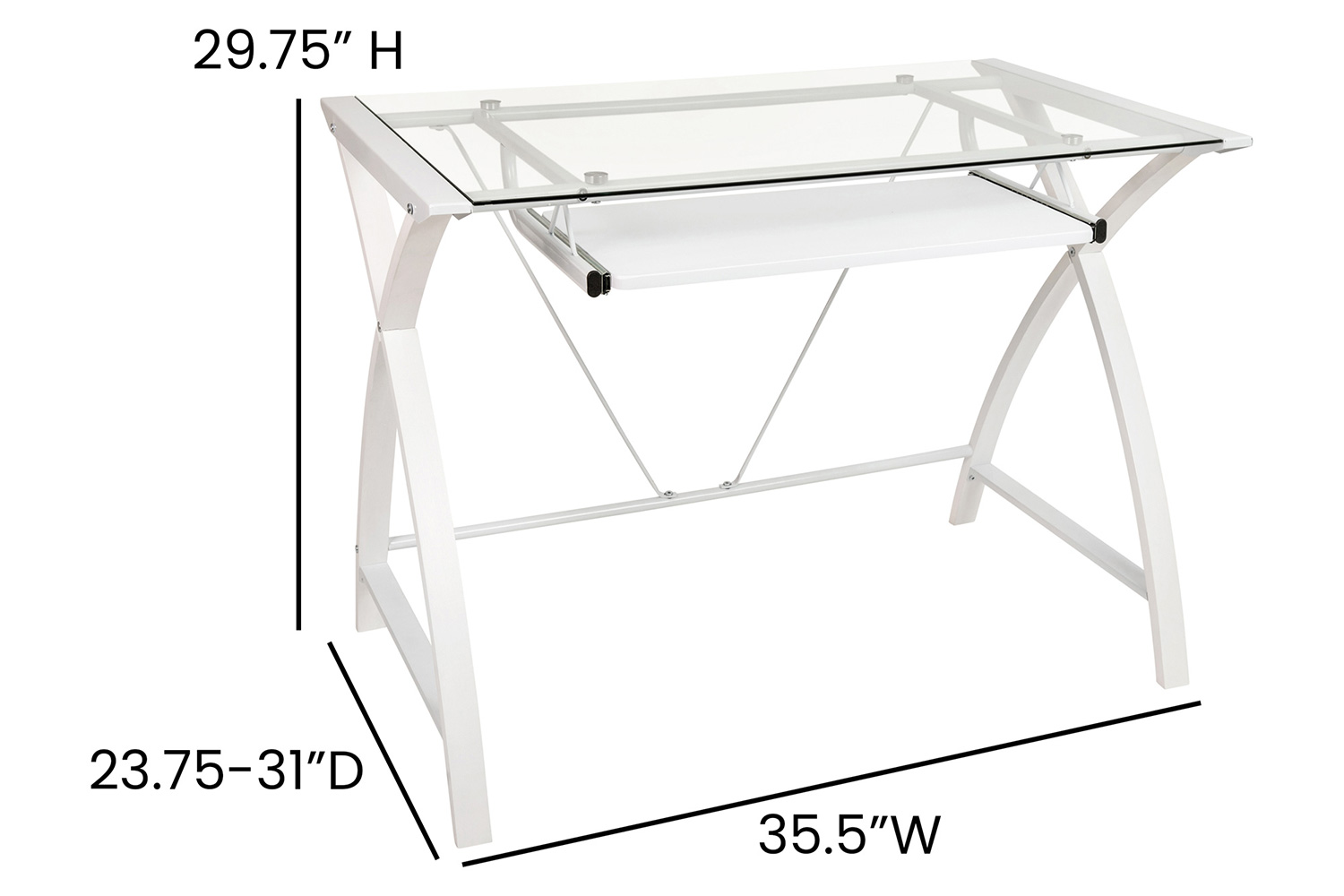 BLNK™ Jude Glass Computer Desk with Pull-Out Keyboard Tray and Crisscross Frame - Clear/White