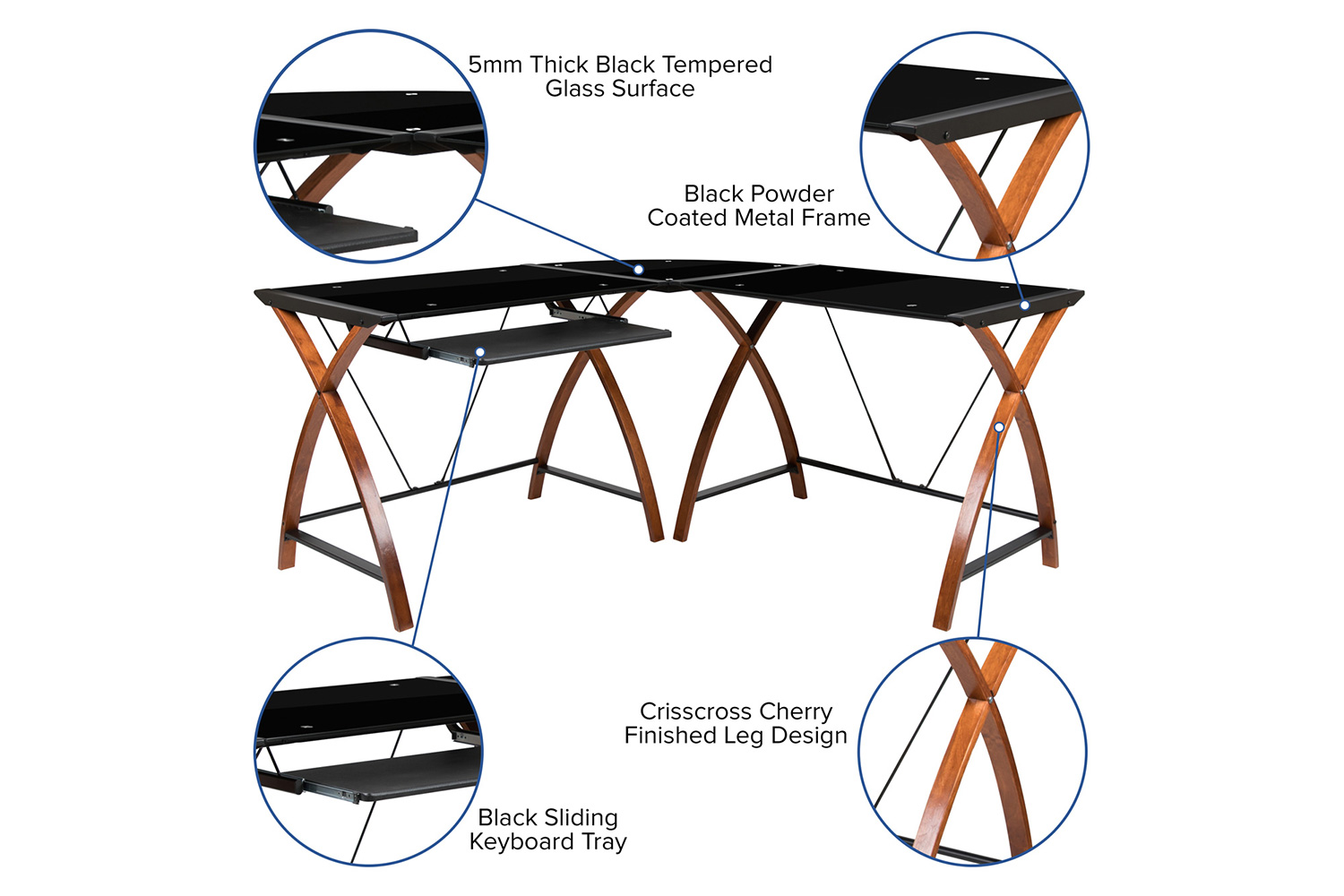 BLNK Jude Glass L-Shape Computer Desk with Pull-Out Keyboard Tray - Black