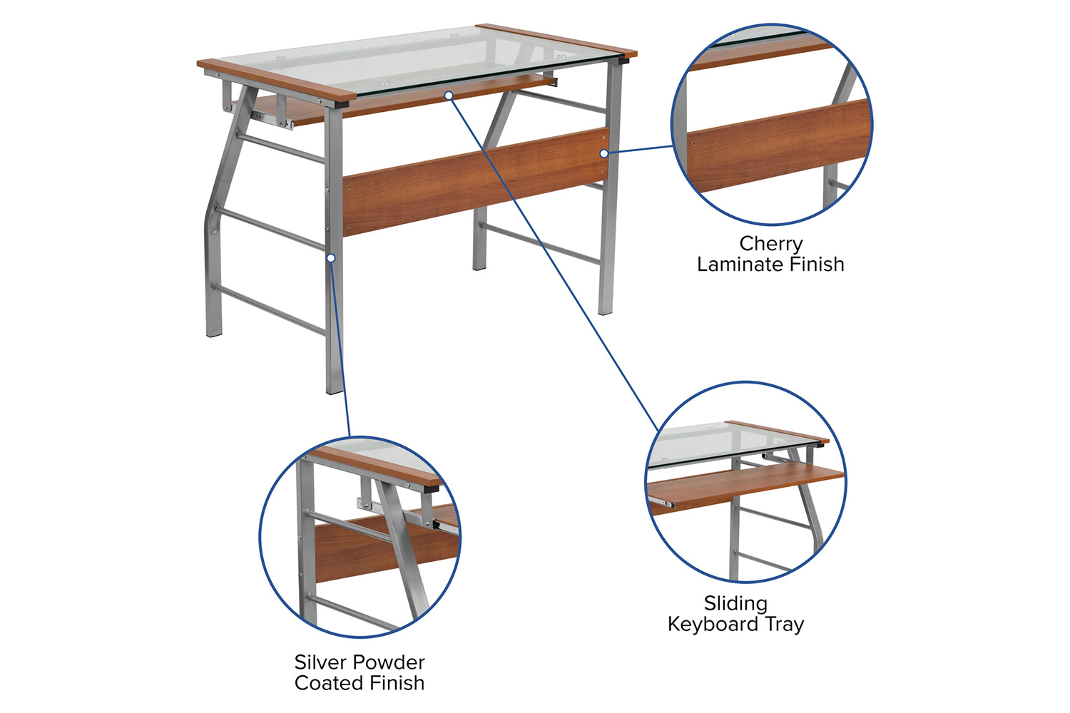 BLNK - Tremont Glass Computer Desk with Pull-Out Keyboard Tray and Bowed Front Frame