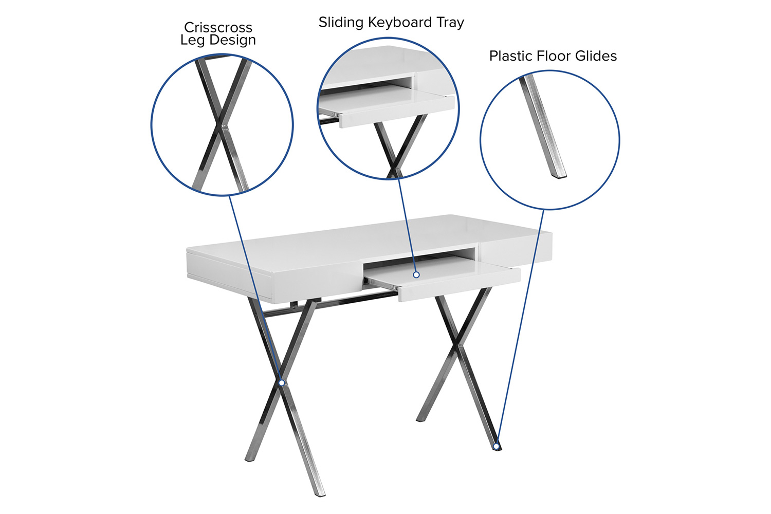 BLNK - Tybee White Computer Desk with Keyboard Tray and Drawers