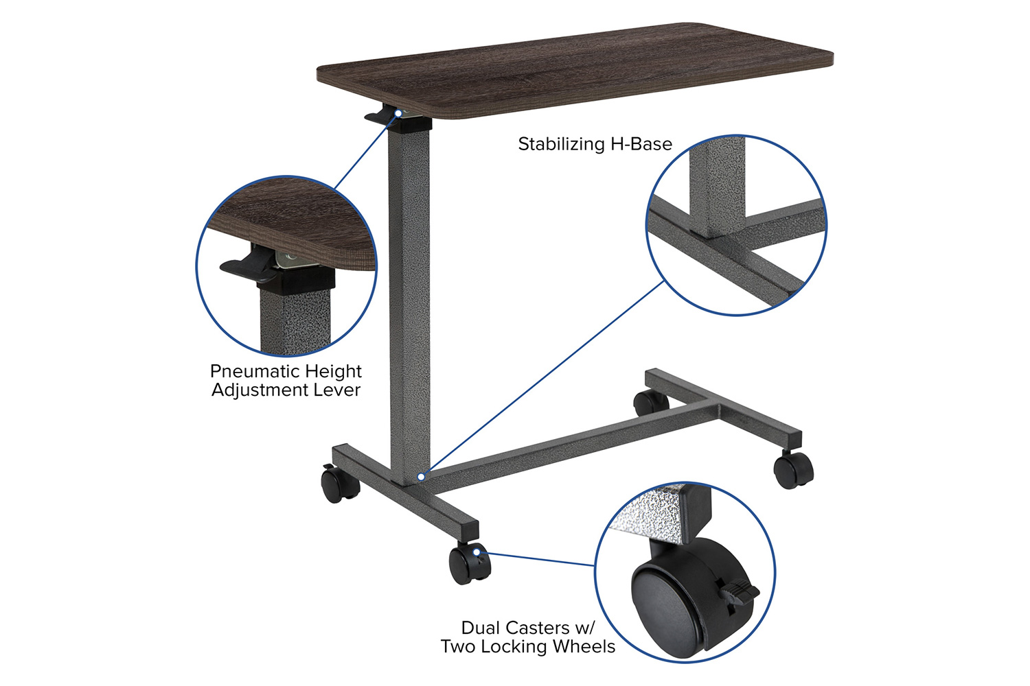 BLNK - Fenwick Adjustable Overbed Table with Wheels for Home and Hospital