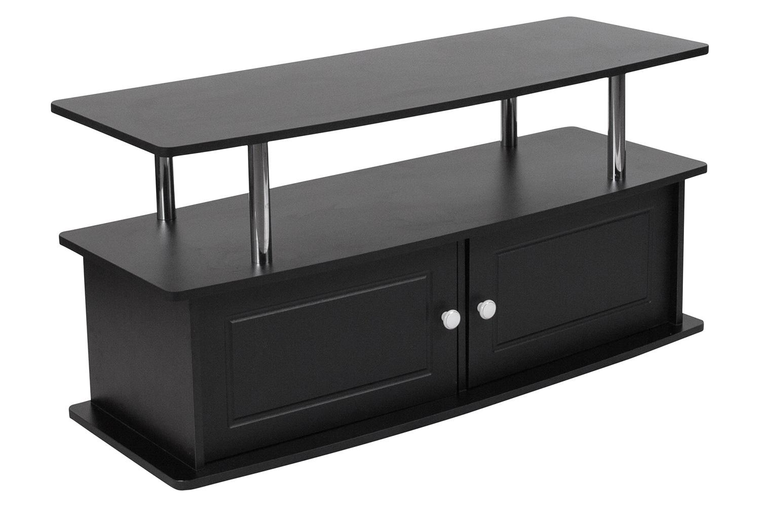 BLNK - Evanston Black TV Stand with Shelves, Cabinet and Stainless Steel Tubing