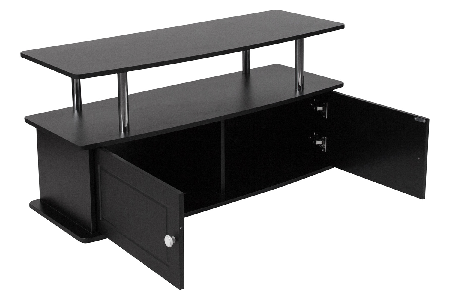 BLNK - Evanston Black TV Stand with Shelves, Cabinet and Stainless Steel Tubing