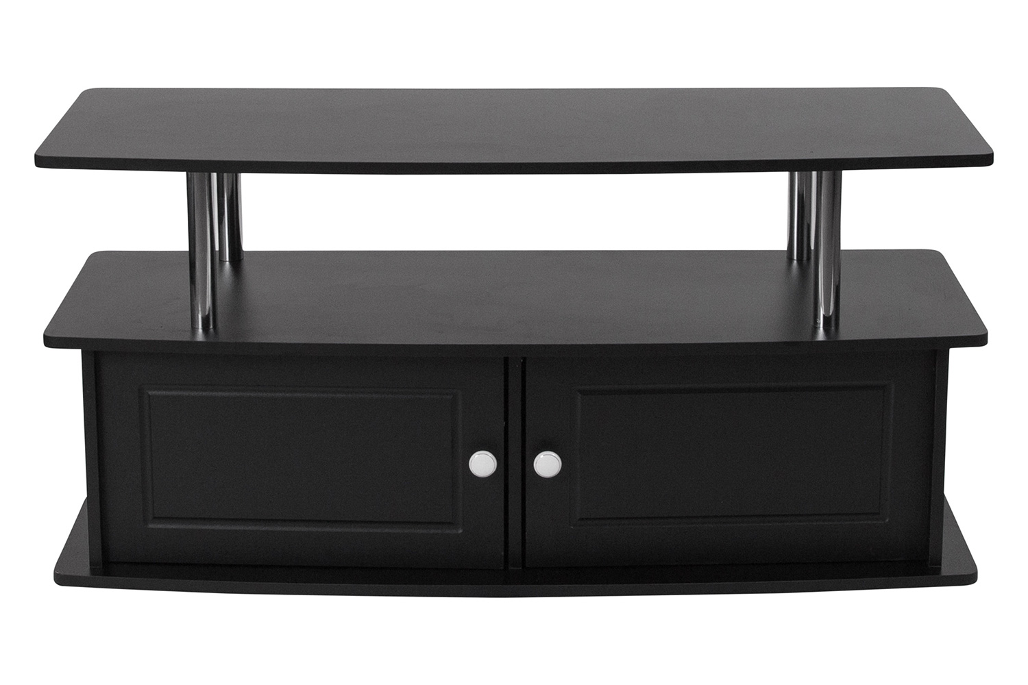 BLNK - Evanston Black TV Stand with Shelves, Cabinet and Stainless Steel Tubing