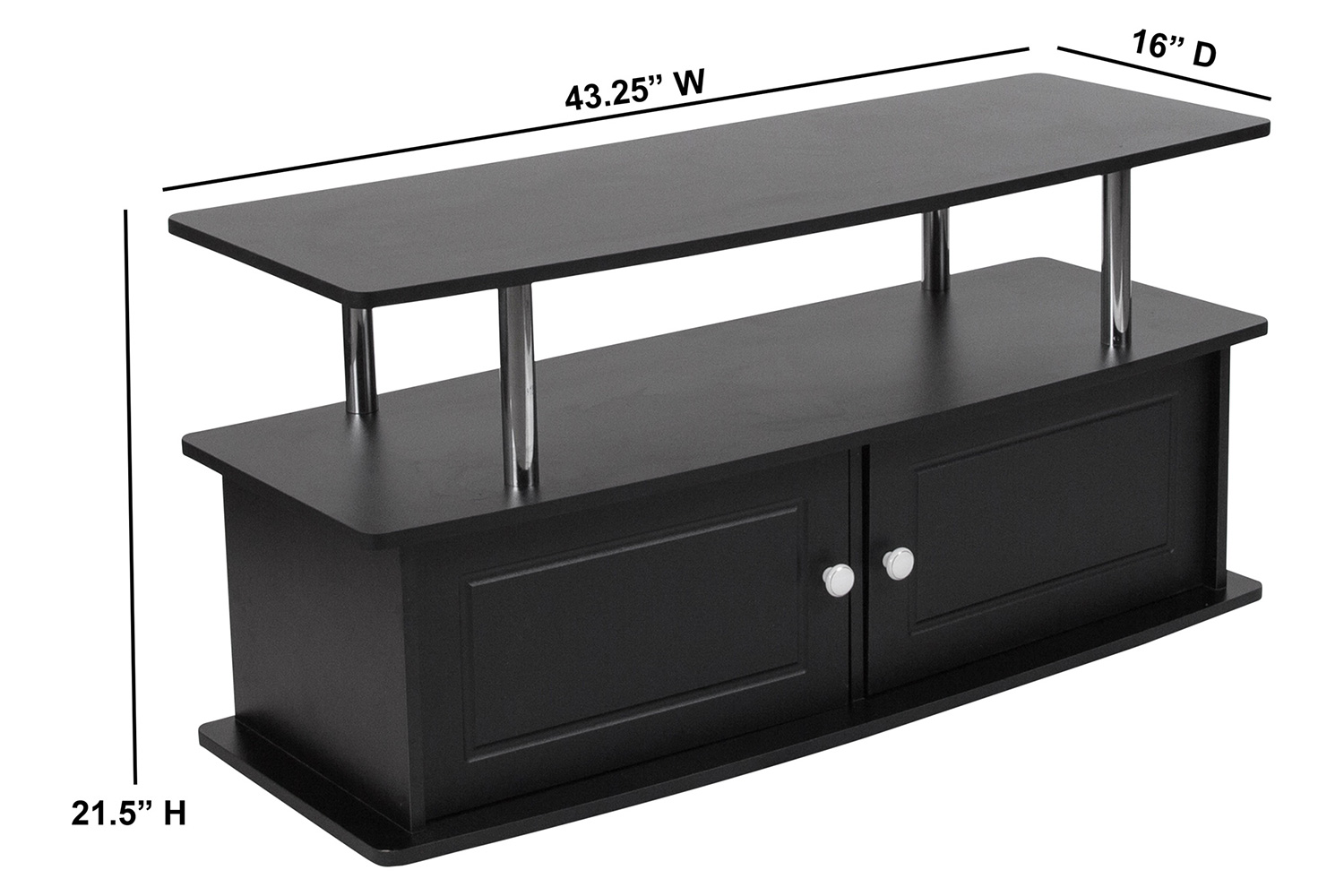 BLNK - Evanston Black TV Stand with Shelves, Cabinet and Stainless Steel Tubing