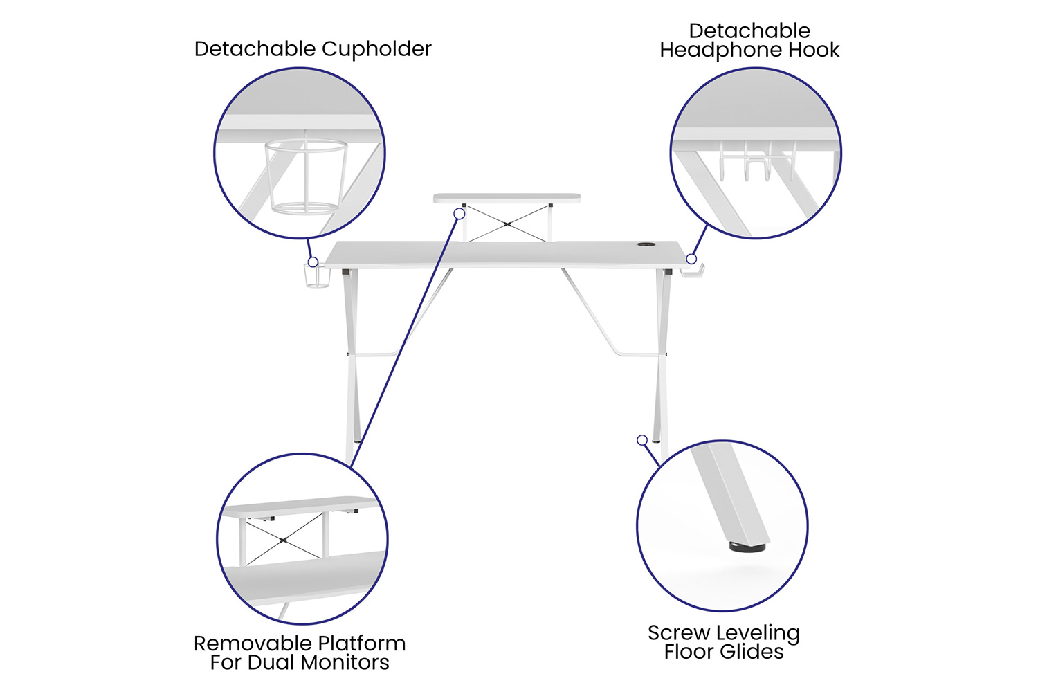 BLNK Mallot Gaming Desk with Cup Holder, Headphone Hook and Monitor/Smartphone Stand - White