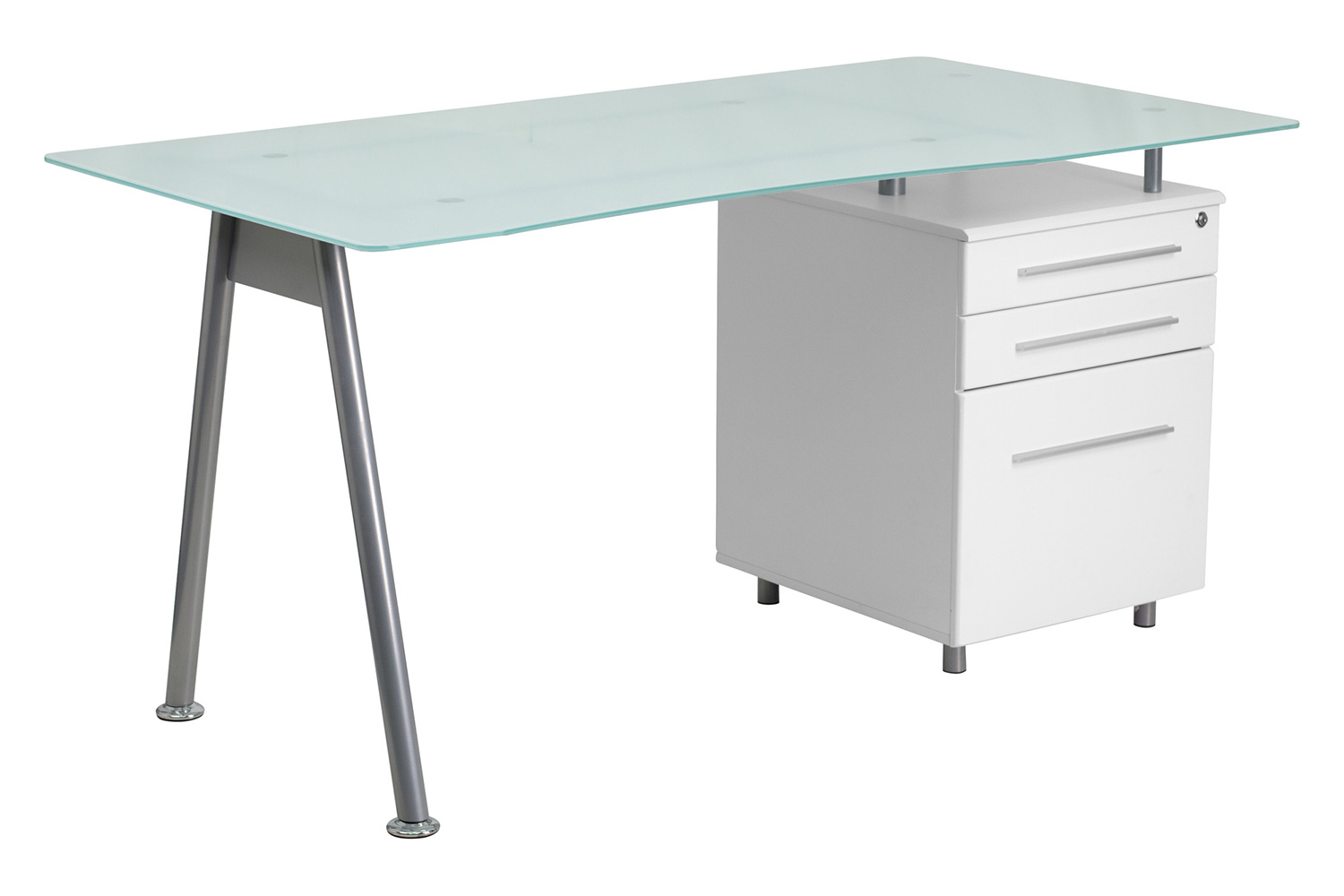 BLNK - Singleton White Computer Desk with Glass Top and Three Drawer Pedestal