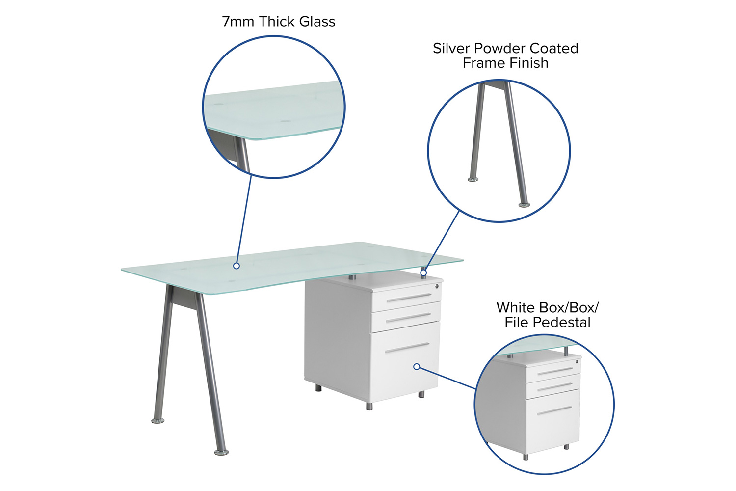 BLNK - Singleton White Computer Desk with Glass Top and Three Drawer Pedestal