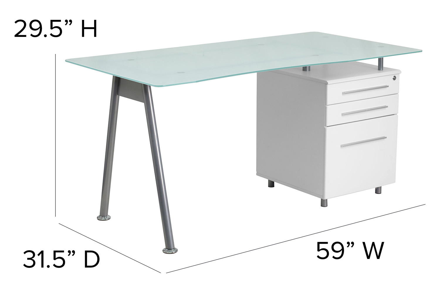 BLNK - Singleton White Computer Desk with Glass Top and Three Drawer Pedestal