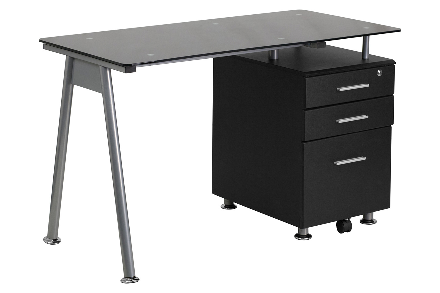 BLNK - Singleton Black Glass Computer Desk with Three Drawer Pedestal