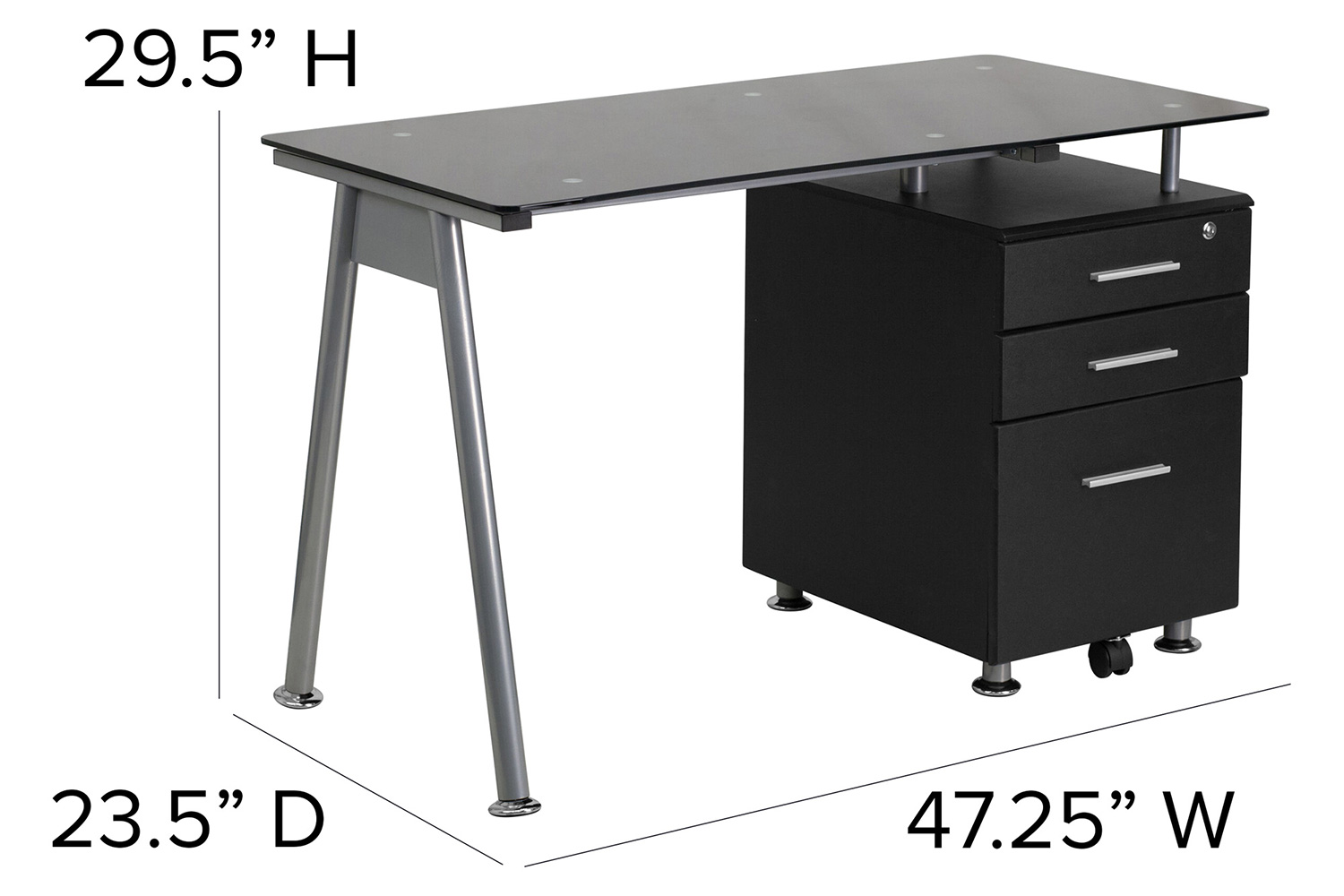 BLNK - Singleton Black Glass Computer Desk with Three Drawer Pedestal