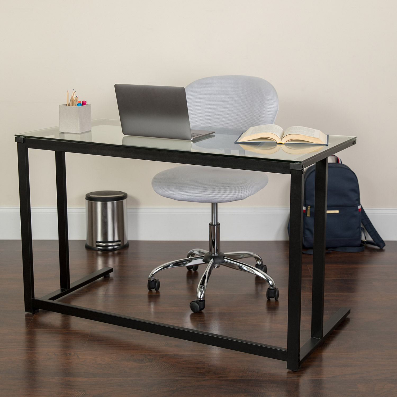 BLNK - Singleton Glass Desk with Black Pedestal Metal Frame