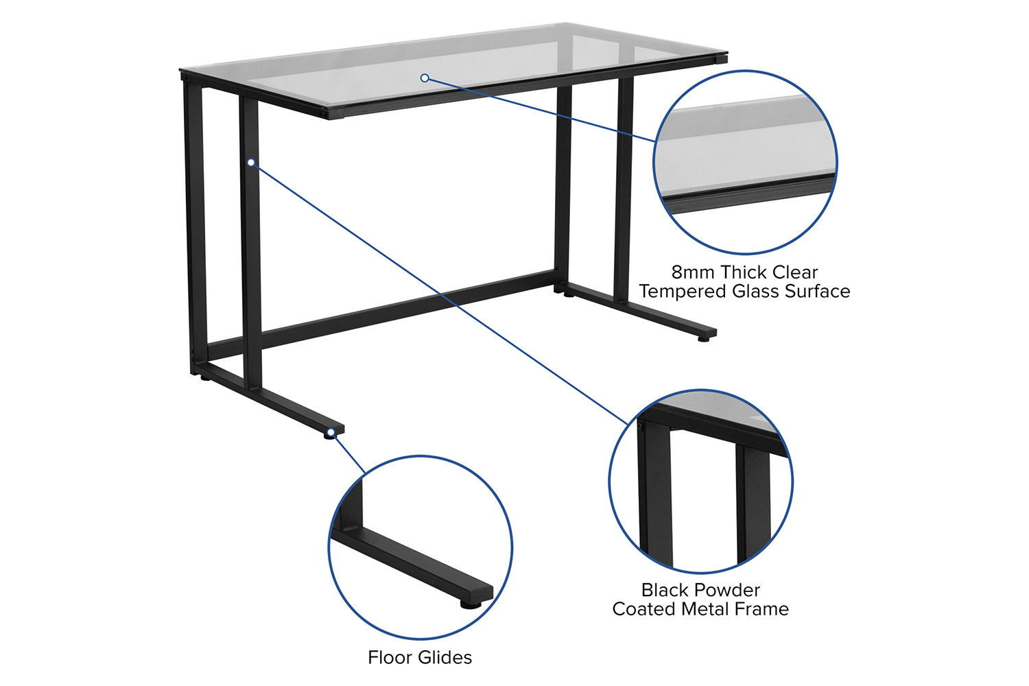 BLNK - Singleton Glass Desk with Black Pedestal Metal Frame