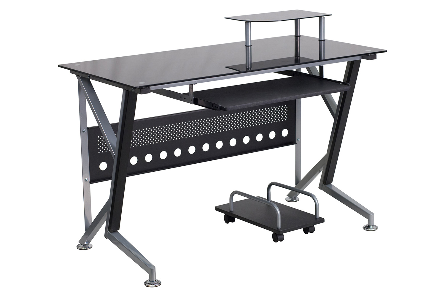 BLNK - Singleton Black Glass Computer Desk with Pull-Out Keyboard Tray and CPU Cart