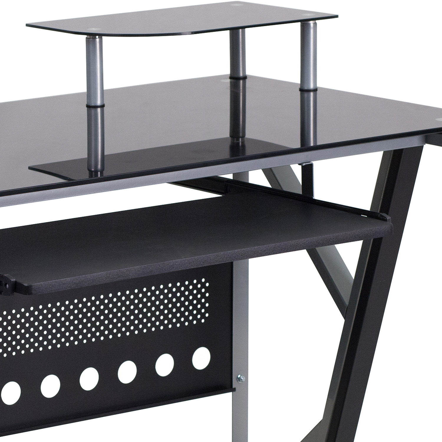 BLNK - Singleton Black Glass Computer Desk with Pull-Out Keyboard Tray and CPU Cart