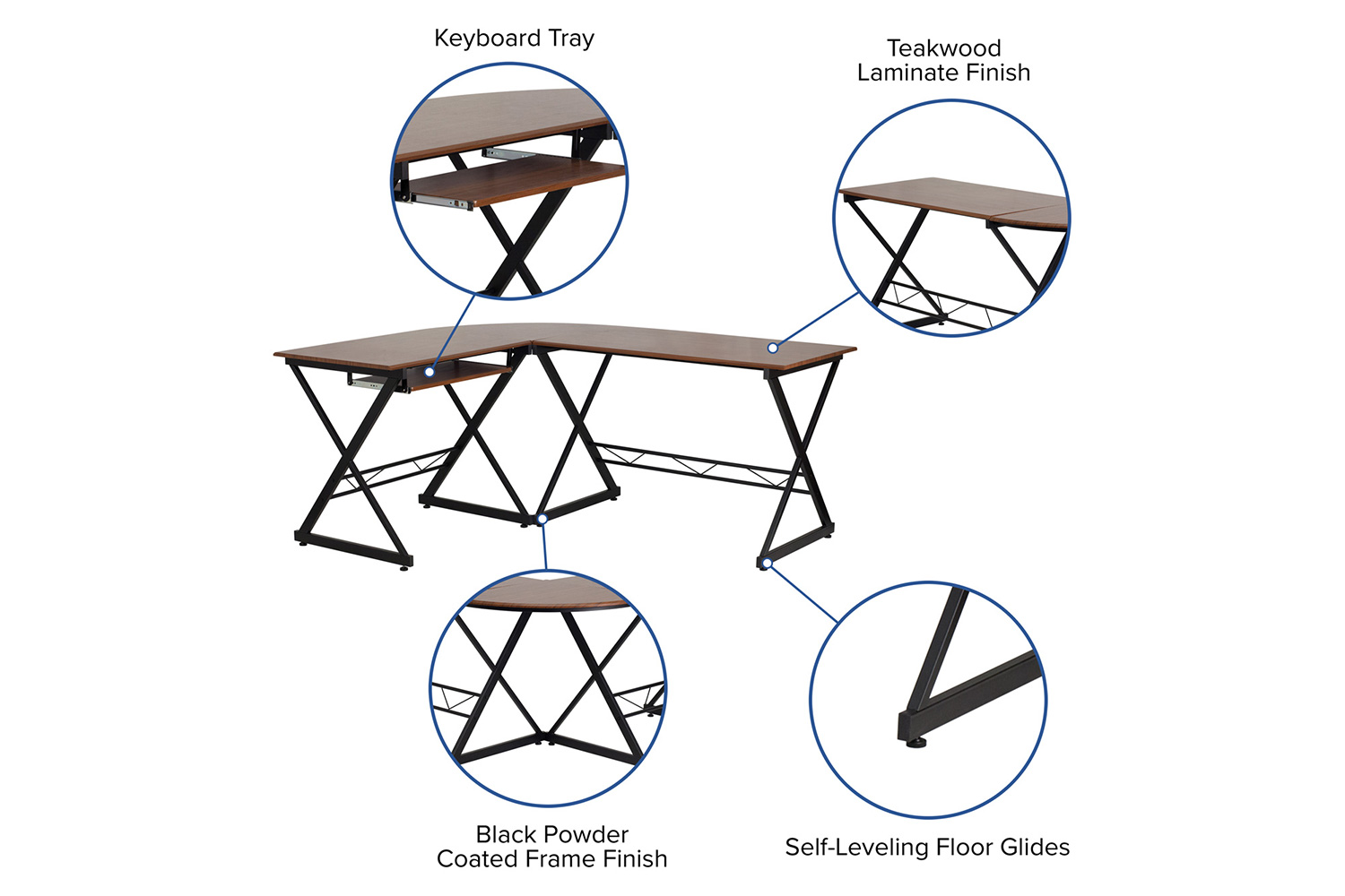 BLNK - Singleton Teakwood Laminate L-Shape Computer Desk with Pull-Out Keyboard Tray