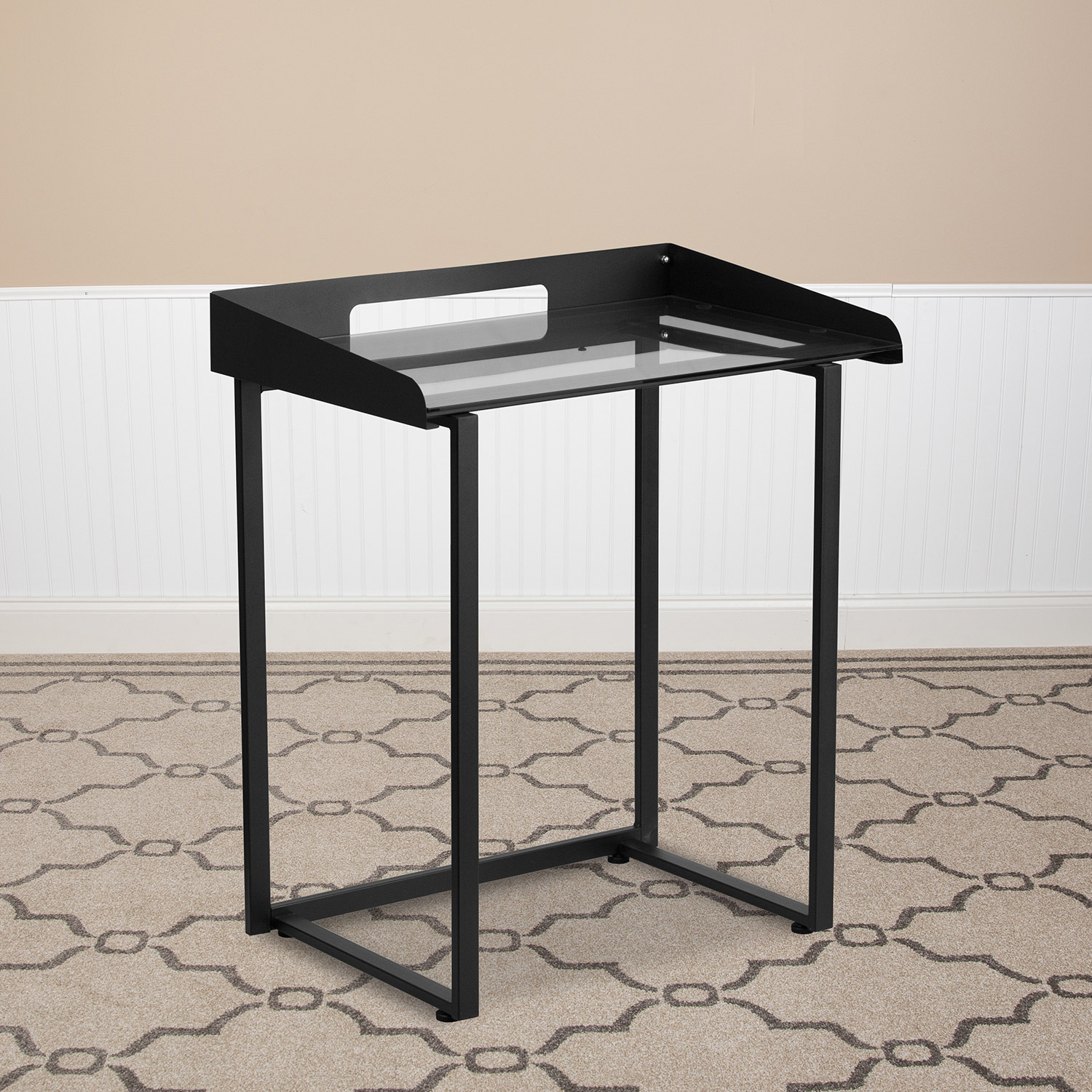 BLNK Jayden Contemporary Clear Tempered Glass Desk with Raised Cable Management Border and Metal Frame