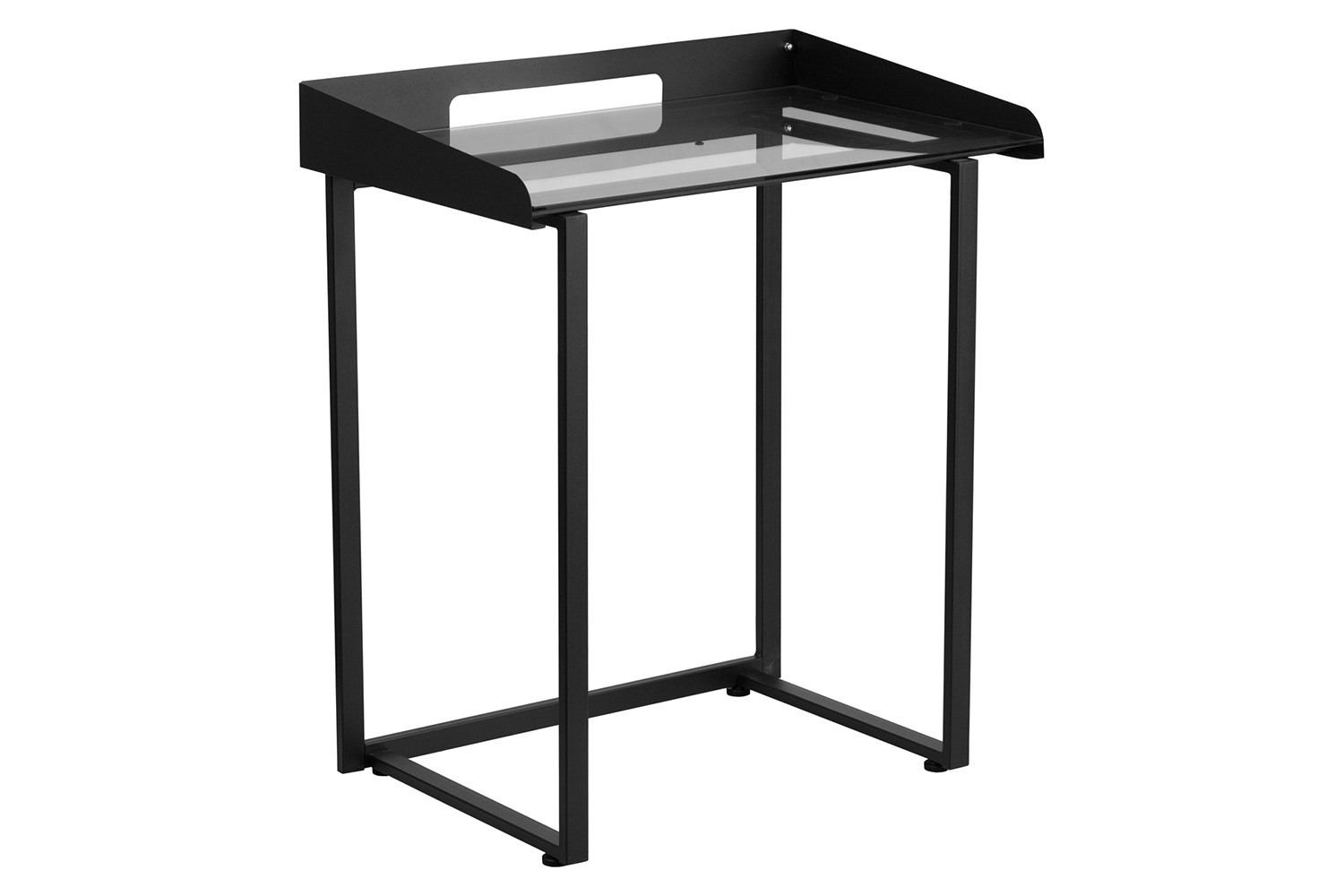 BLNK Jayden Contemporary Clear Tempered Glass Desk with Raised Cable Management Border and Metal Frame - Black