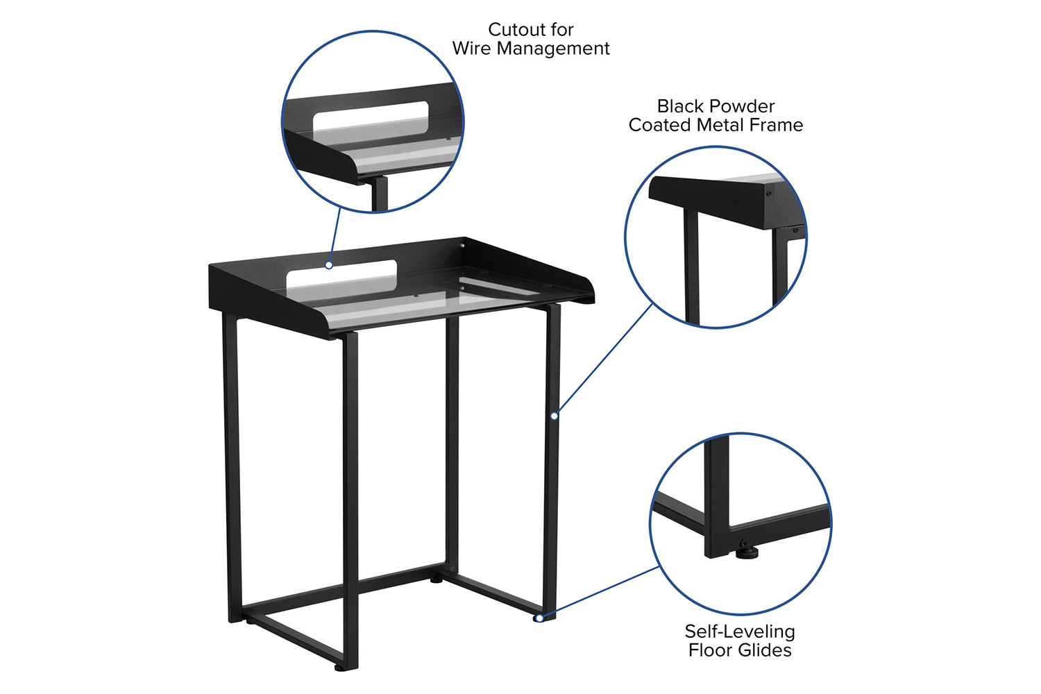 BLNK Jayden Contemporary Clear Tempered Glass Desk with Raised Cable Management Border and Metal Frame - Black