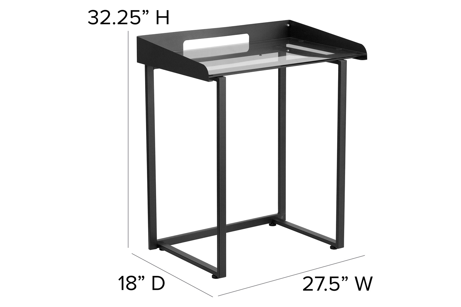 BLNK Jayden Contemporary Clear Tempered Glass Desk with Raised Cable Management Border and Metal Frame - Black