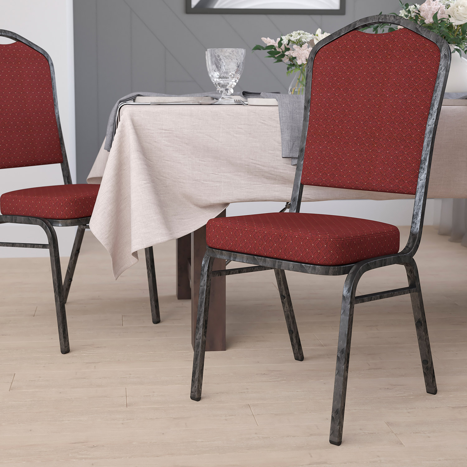 BLNK HERCULES Series Fabric Crown Back Stacking Banquet Chair with Silver Vein Frame