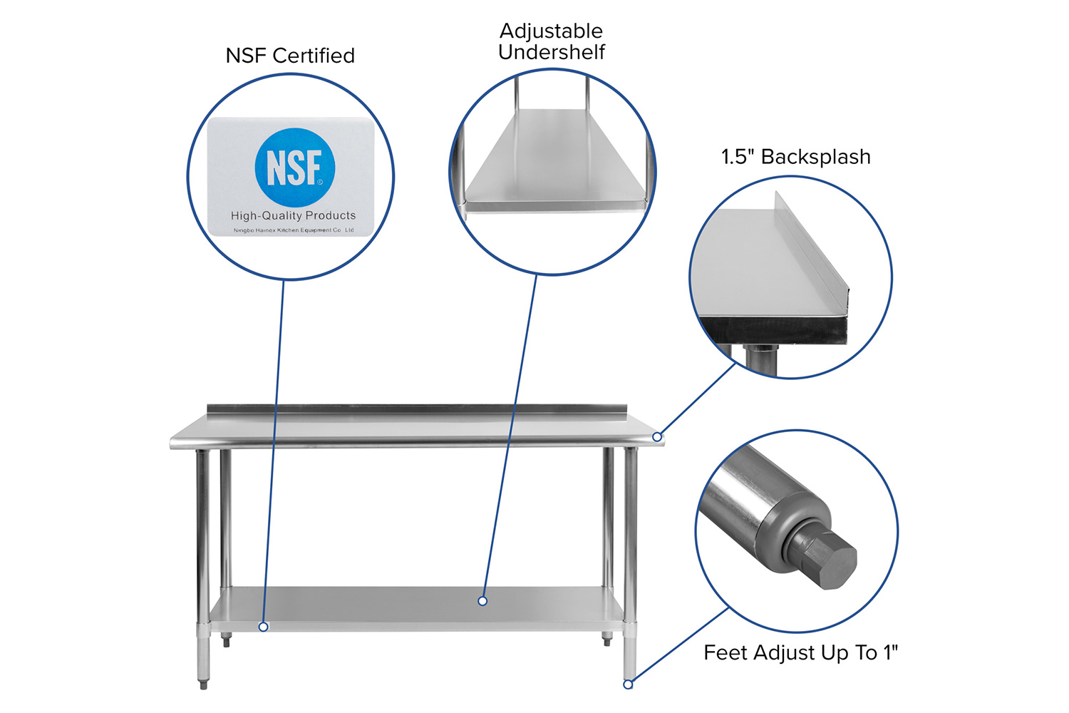 BLNK Reese Stainless Steel Prep and Work Table with Undershelf - with Backsplash