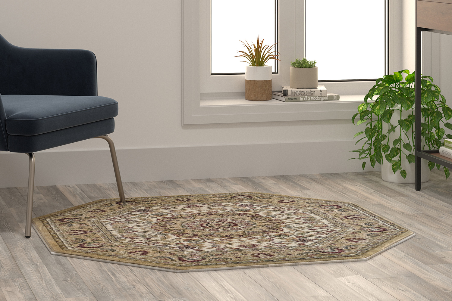 BLNK Mersin Collection Persian Style Octagon Olefin Area Rug with Jute Backing - Ivory, 4'W x 4'L