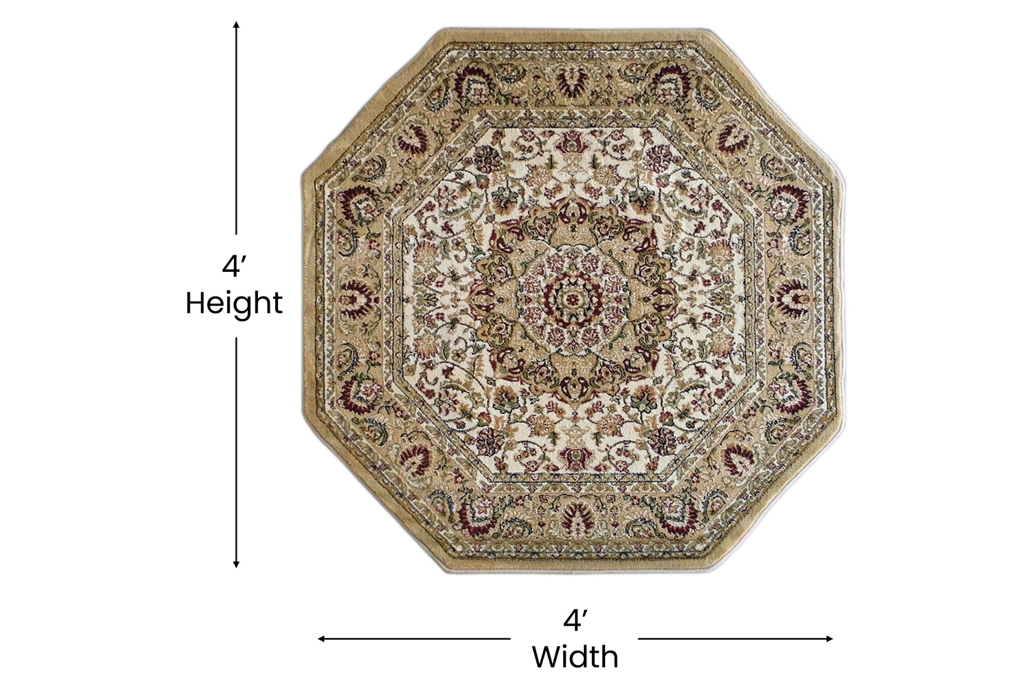 BLNK Mersin Collection Persian Style Octagon Olefin Area Rug with Jute Backing - Ivory, 4'W x 4'L