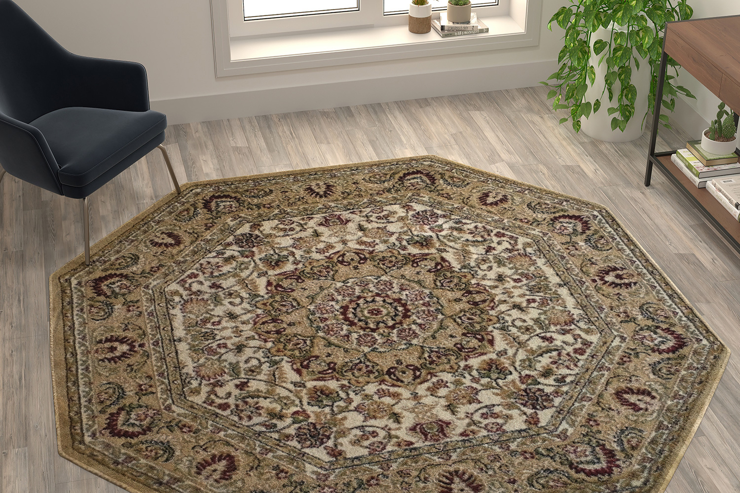 BLNK™ Mersin Collection Persian Style Octagon Olefin Area Rug with Jute Backing - Ivory, 7'W x 7'L