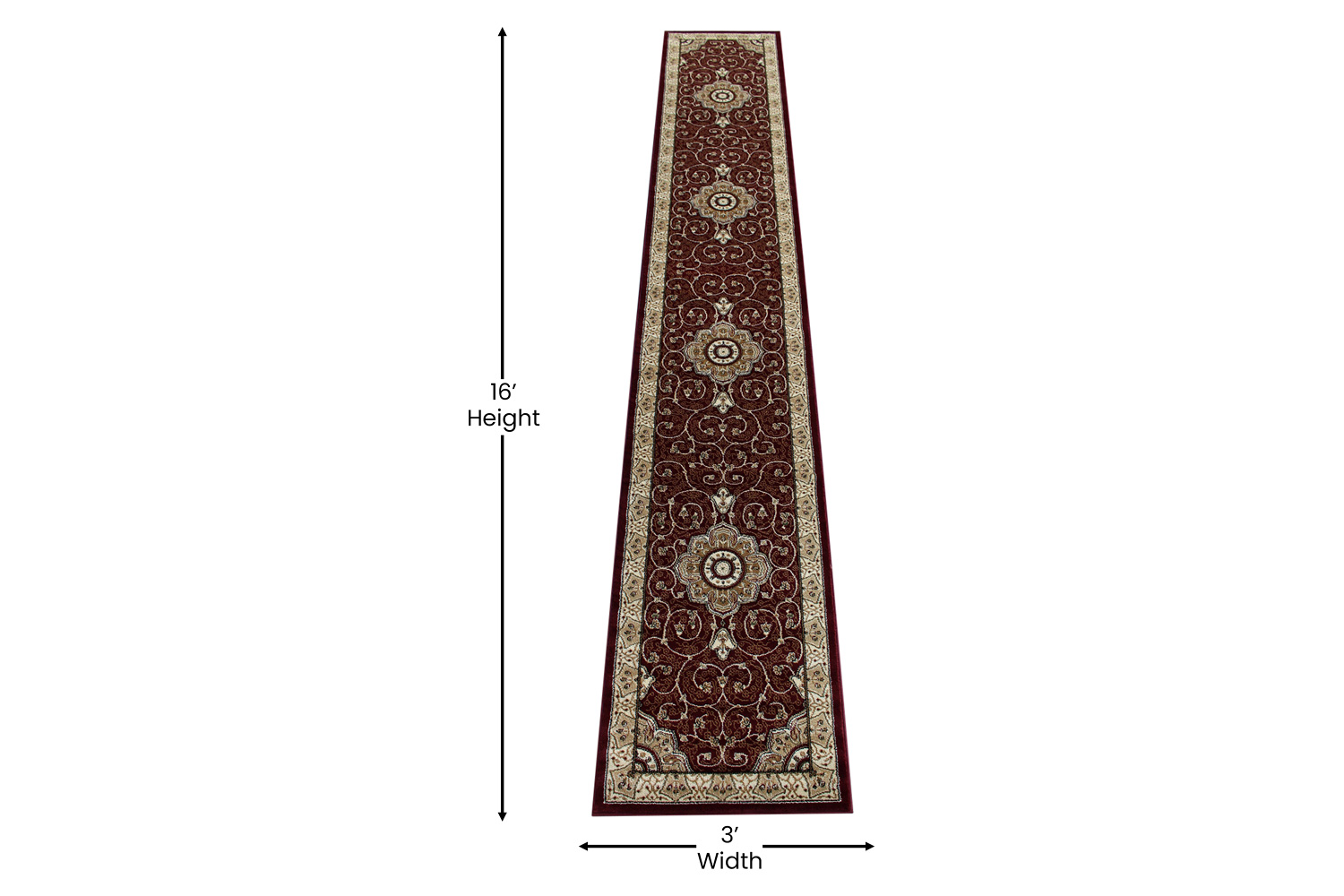 BLNK Portman Collection Persian Style Olefin Area Rug with Jute Backing - Burgundy, 3'W x 15'L