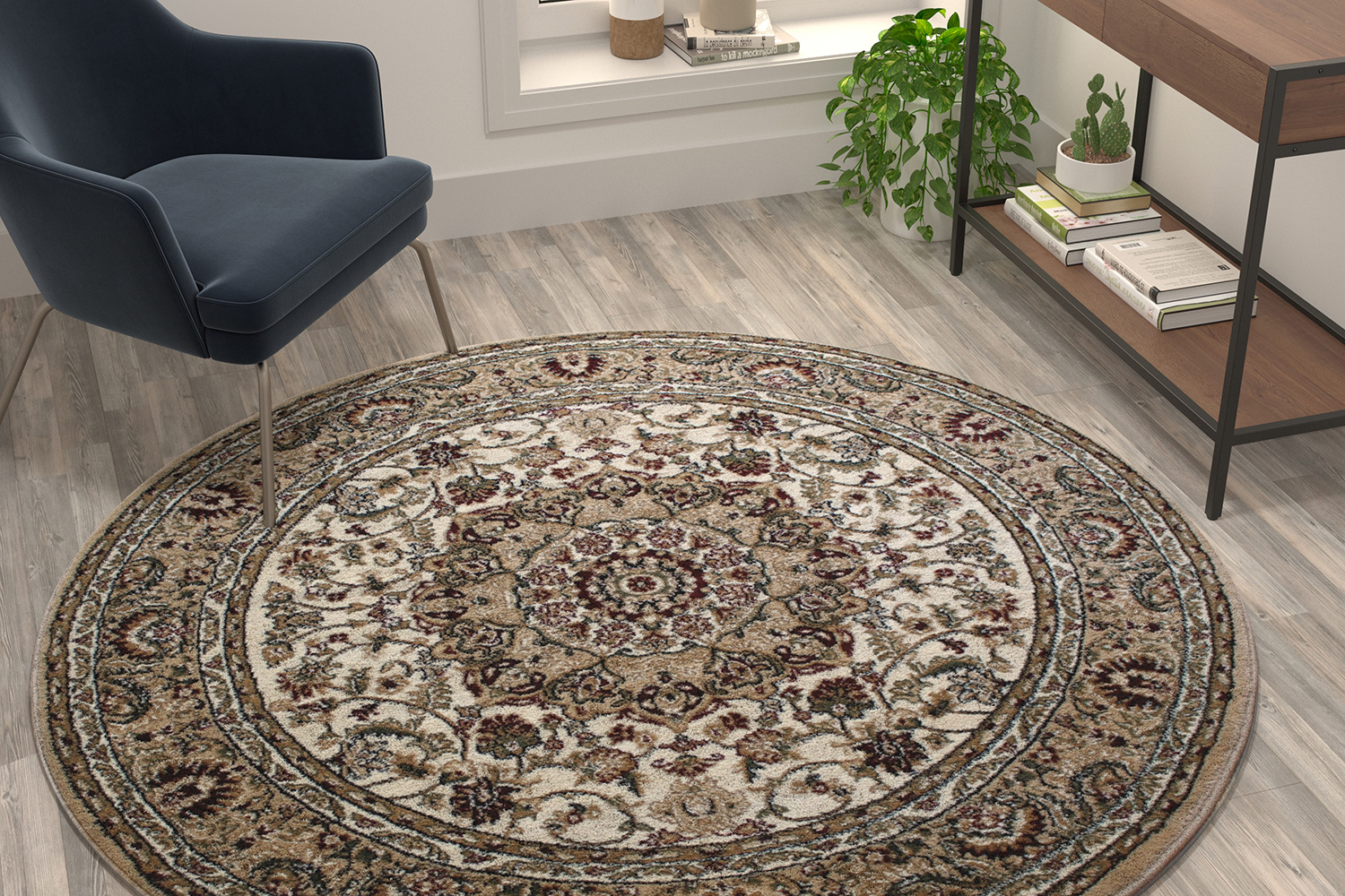 BLNK Mersin Collection Persian Style Round Olefin Area Rug with Jute Backing - Ivory, 5'W x 5'L