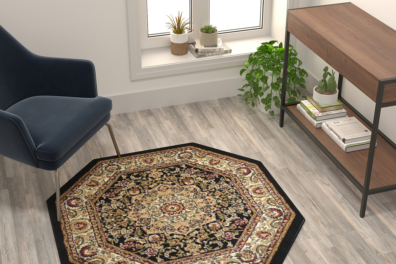 BLNK - Mersin Collection Persian Style Octagon Olefin Area Rug with Jute Backing