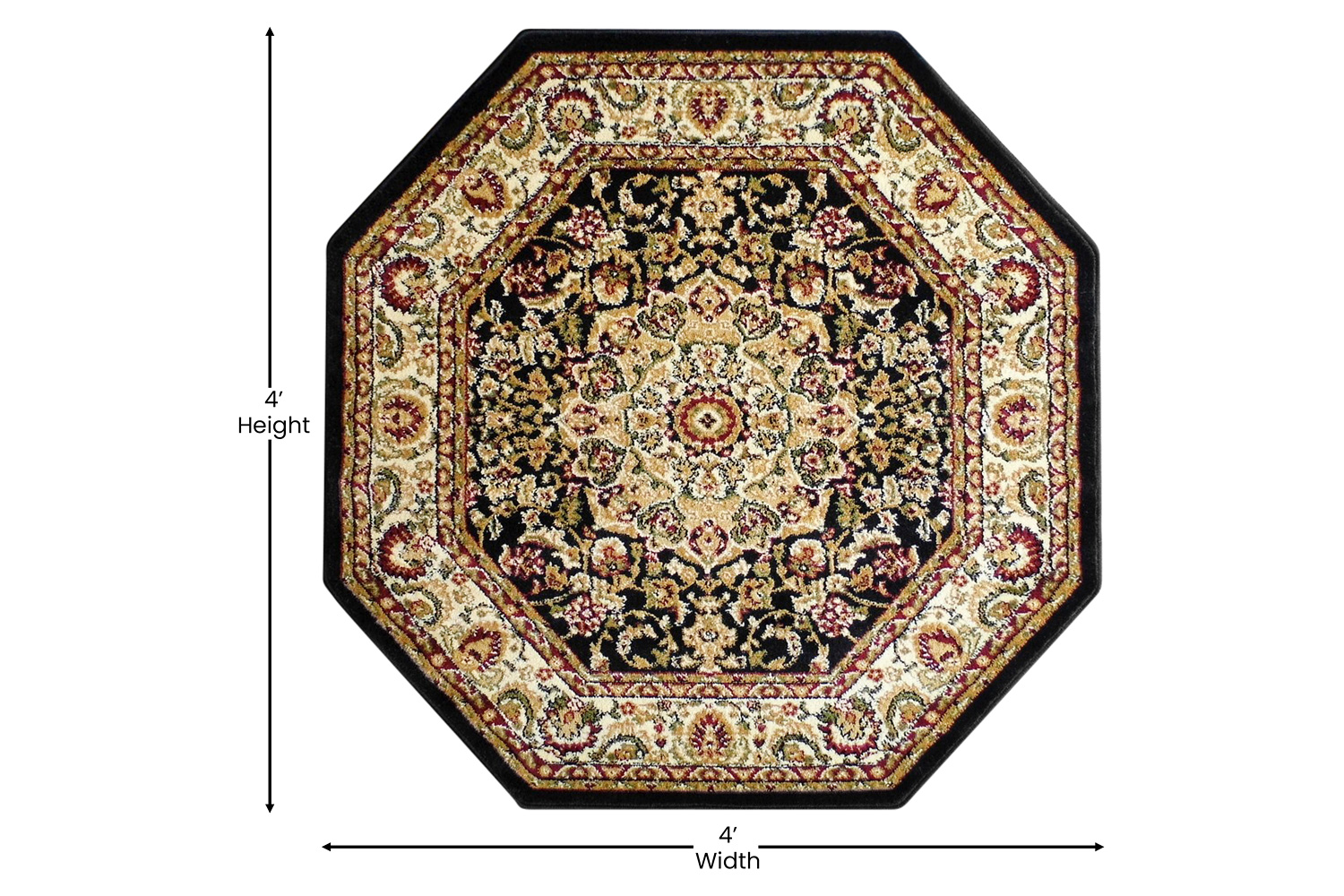 BLNK™ Mersin Collection Persian Style Octagon Olefin Area Rug with Jute Backing - Black, 4'W x 4'L