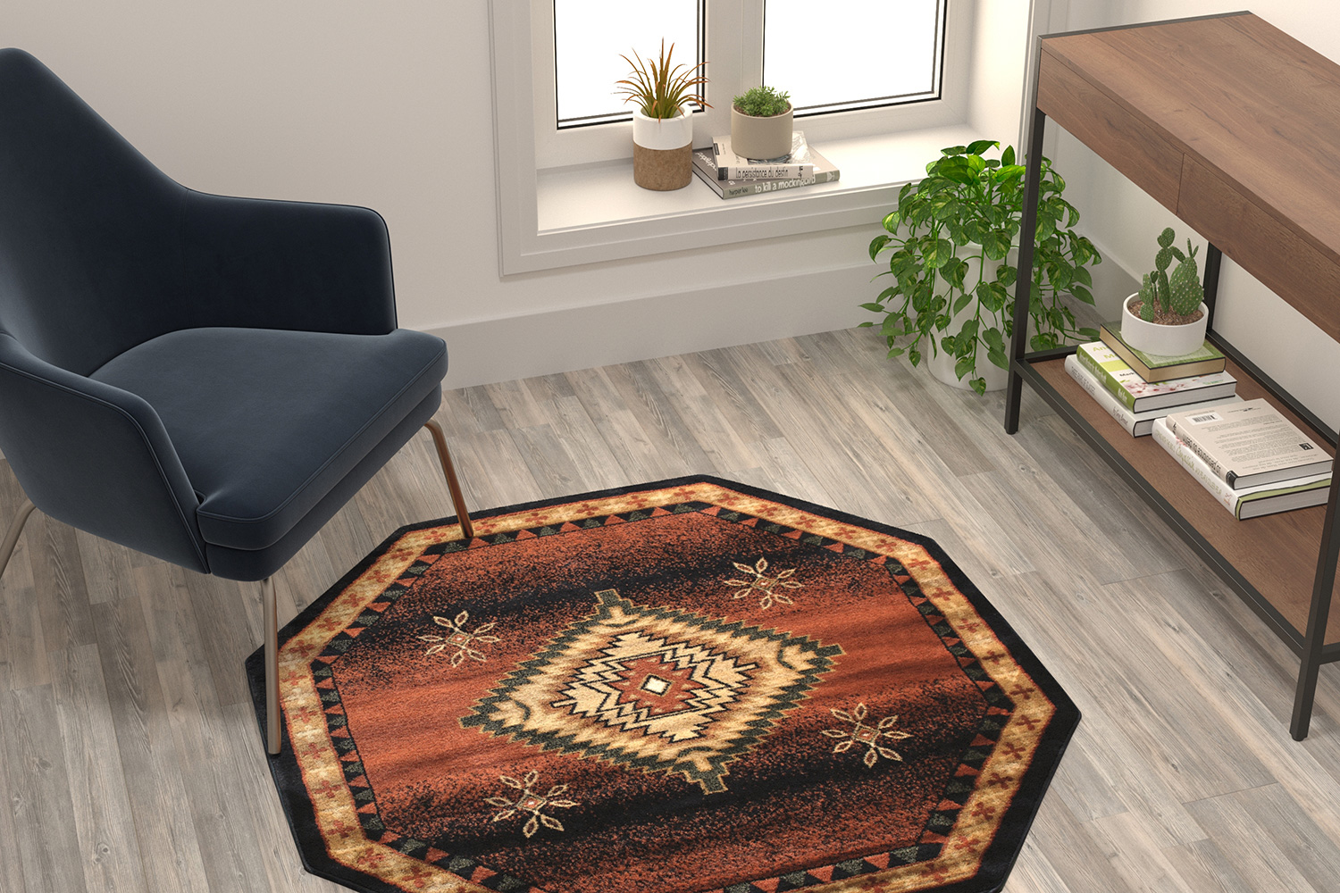 BLNK Mirage Collection Southwestern Style Round Olefin Area Rug with Jute Backing - Brown, 4'W x 4'L