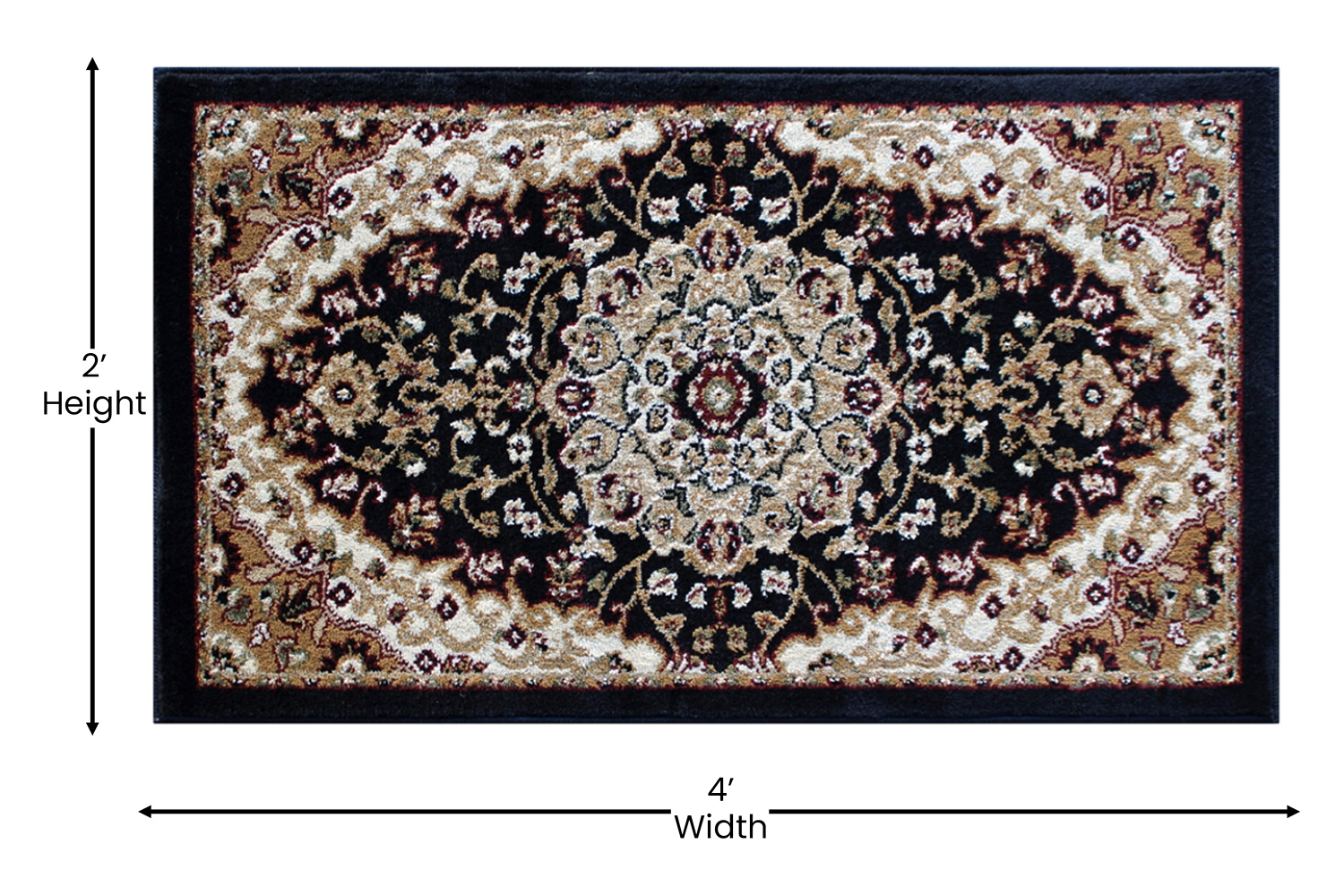 BLNK™ Mersin Collection Persian Style Olefin Area Rug with Jute Backing - Black, 2'W x 3'L