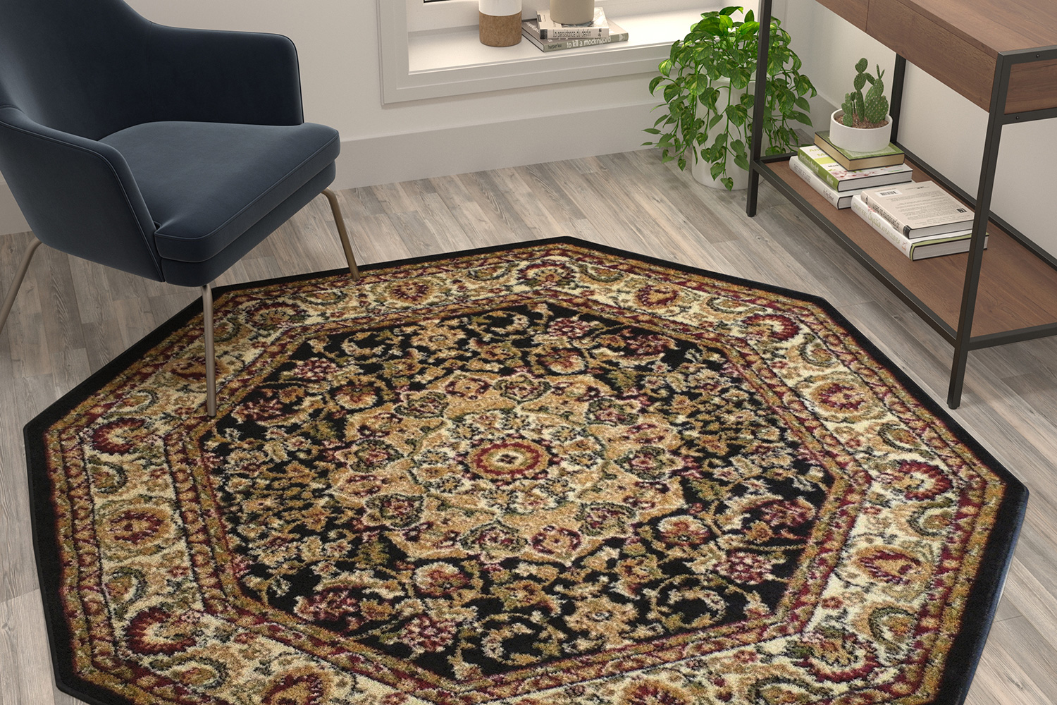 BLNK™ Mersin Collection Persian Style Octagon Olefin Area Rug with Jute Backing - Black, 5'W x 5'L