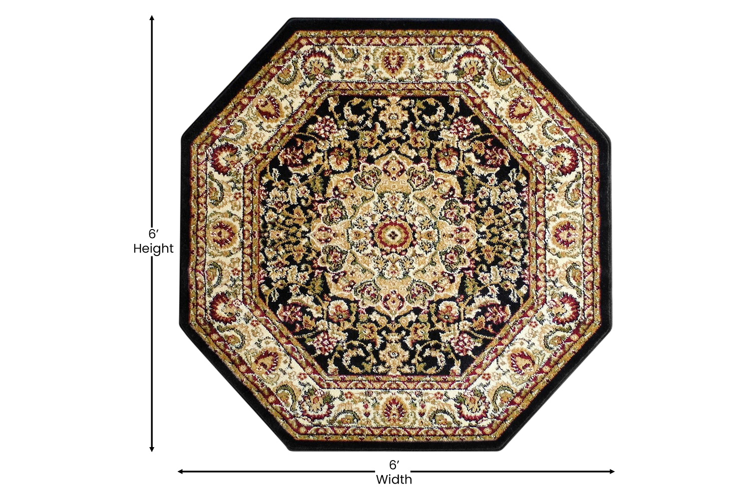 BLNK™ Mersin Collection Persian Style Octagon Olefin Area Rug with Jute Backing - Black, 5'W x 5'L