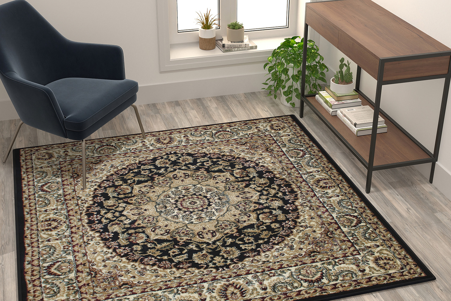 BLNK Mersin Collection Persian Style Square Olefin Area Rug with Jute Backing - Black, 5'W x 5'L