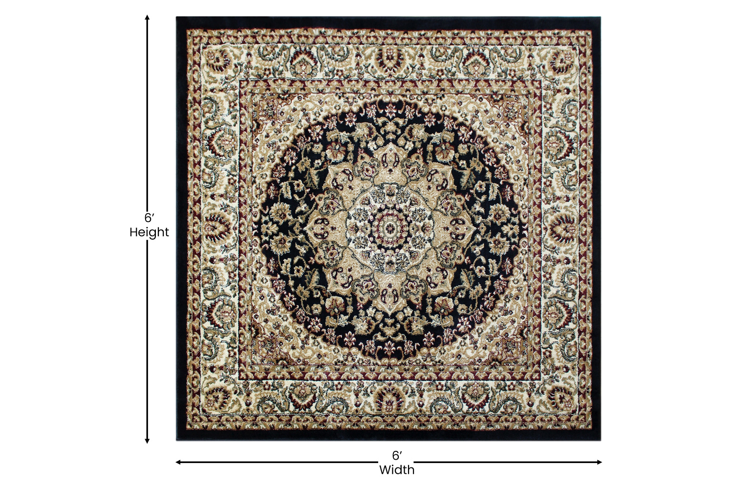 BLNK Mersin Collection Persian Style Square Olefin Area Rug with Jute Backing - Black, 5'W x 5'L