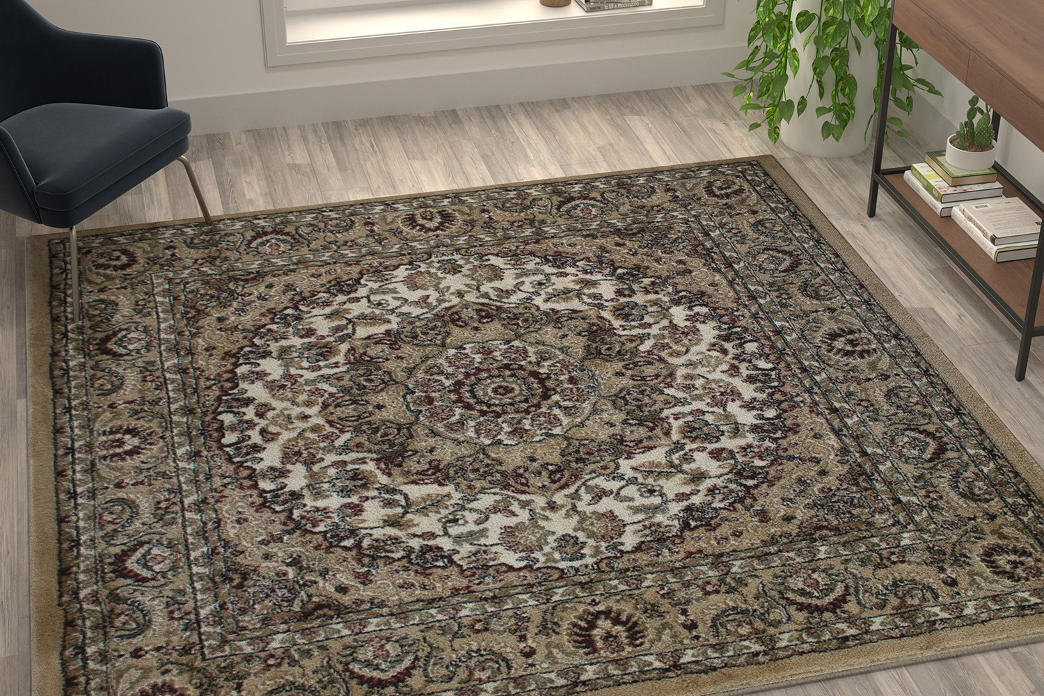 BLNK™ Mersin Collection Persian Style Square Olefin Area Rug with Jute Backing - Ivory, 7'W x 7'L