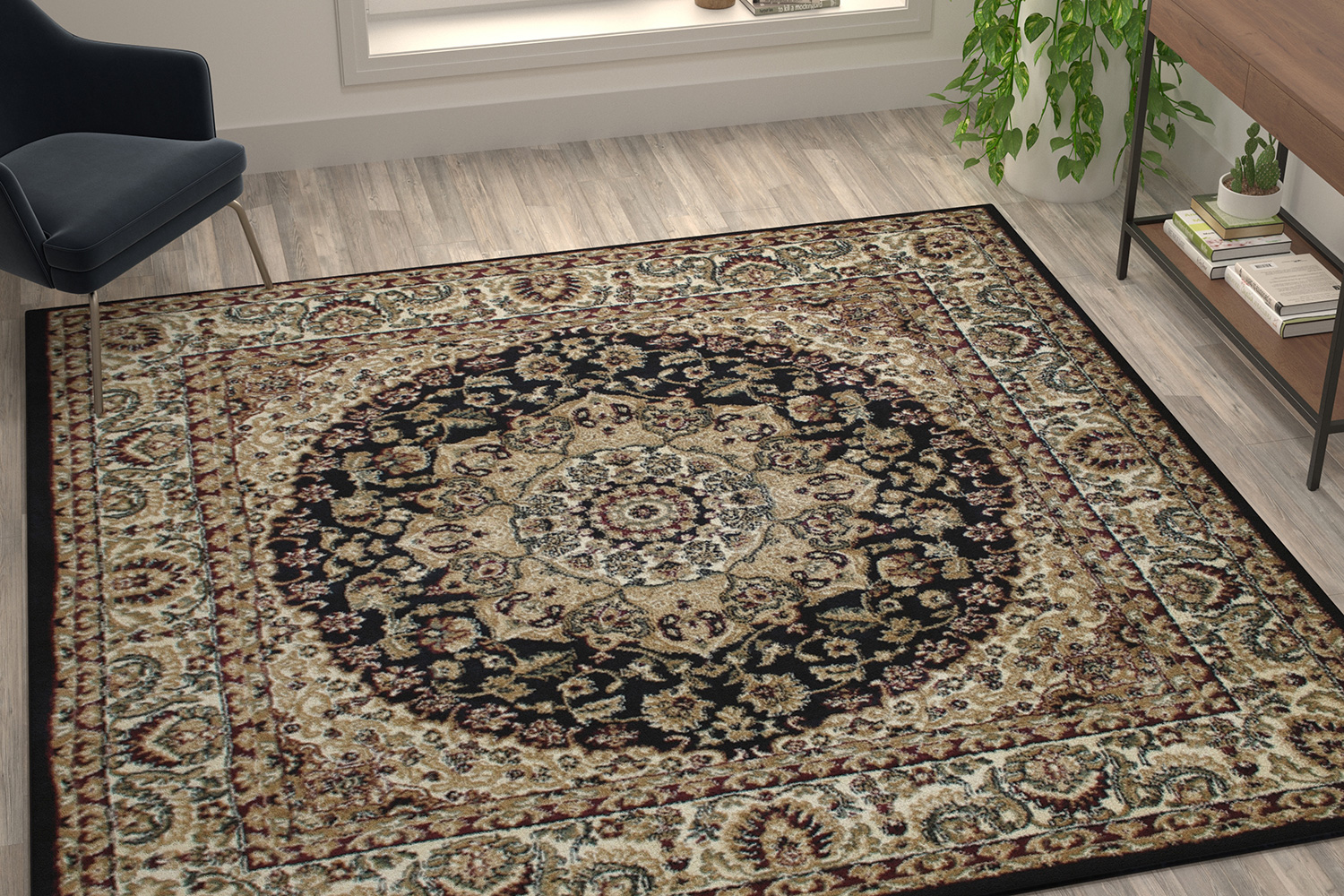 BLNK Mersin Collection Persian Style Square Olefin Area Rug with Jute Backing - Black, 7'W x 7'L